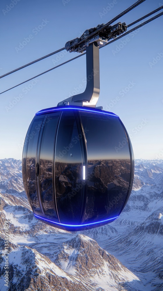 Obraz premium Futuristic Cable Car Soaring Above Snowy Mountain Peaks