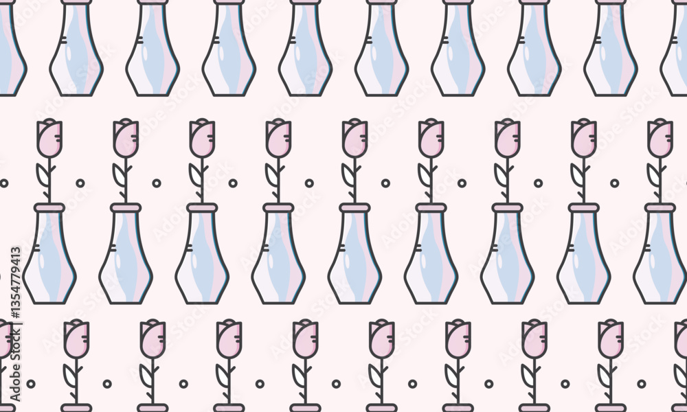 A soft pink backdrop adorned with a repeating pattern of vases and roses A soft pink backdrop adorned with a repeating pattern of vases and roses