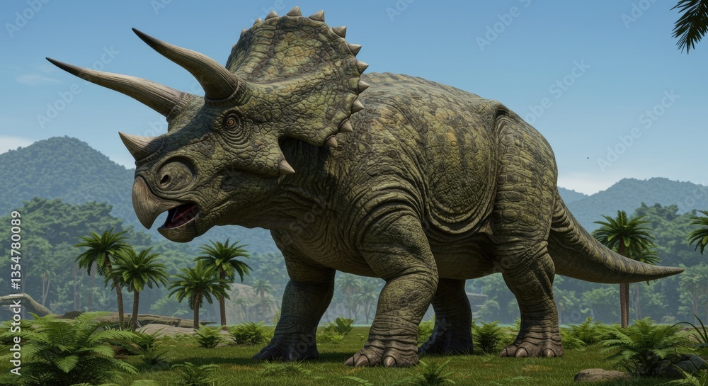 Fototapeta premium A majestic triceratops stands in a lush prehistoric landscape, surrounded by vibrant ferns and palm trees, set against rolling hills and a clear blue sky.