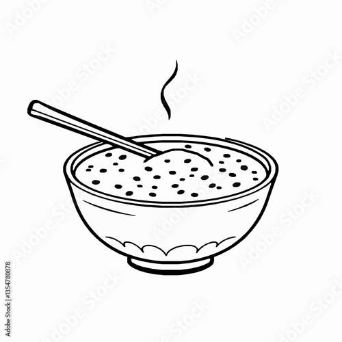 black outline vector of Nepalese dhindo traditional buckwheat porridge served in a bowl isolated on a white background