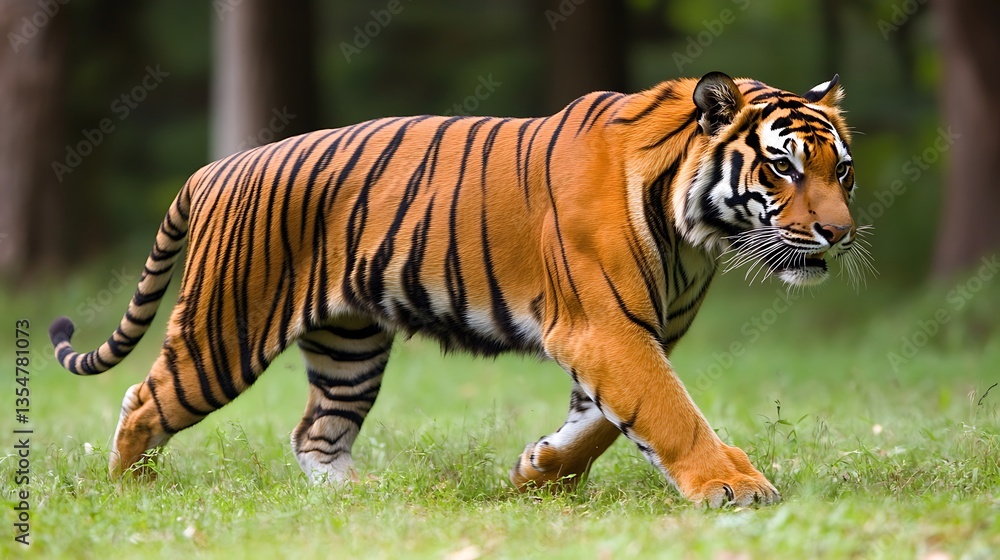 Obraz premium Majestic tiger walking in green forest.