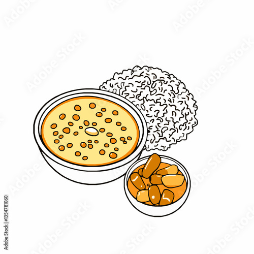 black outline vector of dal bhat with lentil soup, rice, vegetable curry, and pickles isolated on a white background