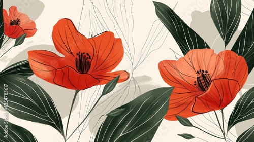 Floral art print, red poppies, cream background, abstract leaves