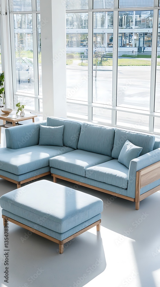 Fototapeta premium Blue sectional sofa with a wooden ottoman sits in front of a large window