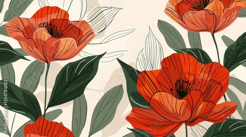 Floral design, orange blossoms, leaves, beige background.  Use  wallpaper, print