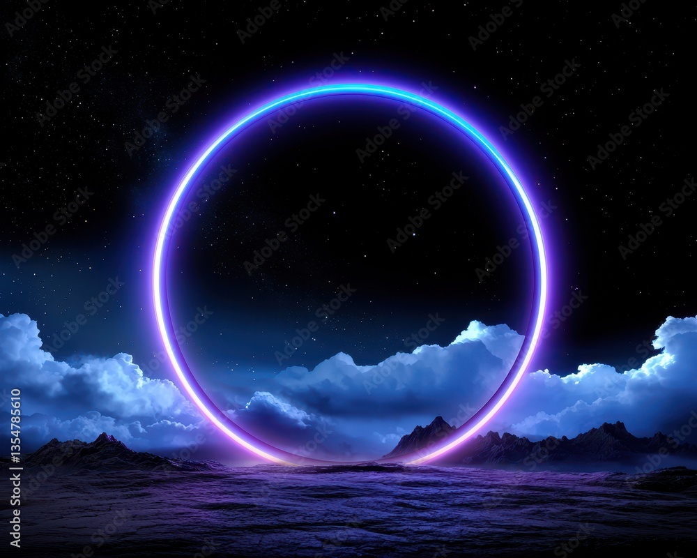 A captivating glowing circle against a night sky filled with clouds and mountains, evoking a sense of mystery. A captivating glowing circle against a night sky filled with clouds and mountains, evoking a sense of mystery.