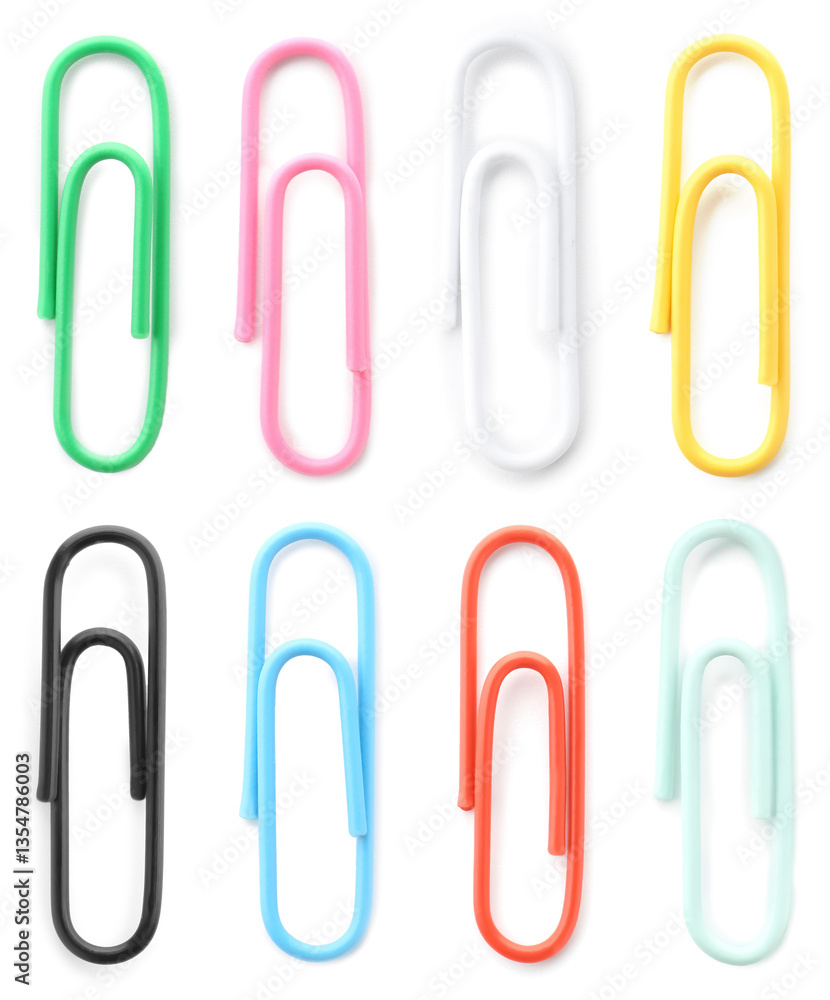 Set with colorful paper clips isolated on white, top view Set with colorful paper clips isolated on white, top view