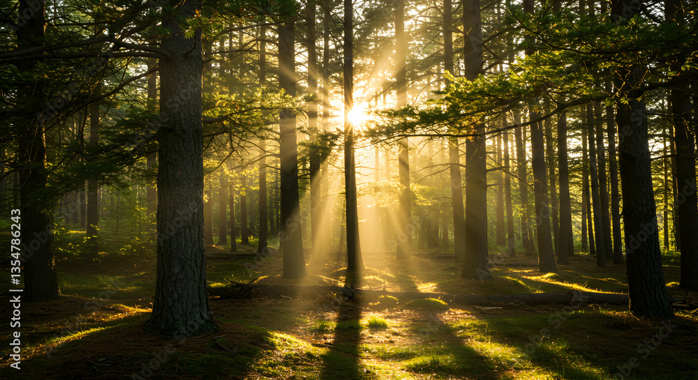 Fototapeta premium Sun Rays Streaming Through a Dense Forest with Natural Shadows