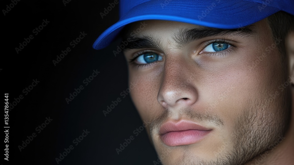 Close-up portrait of a young man with a blue cap and striking blue eyes Close-up portrait of a young man with a blue cap and striking blue eyes
