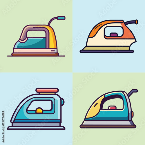Collection of Four Different Colorful Retro Style Irons for Clothes