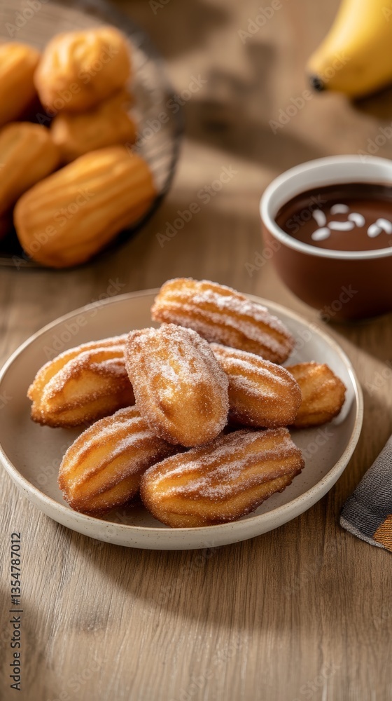 Crispy Mexican churros dusted with cinnamon sugar served with rich chocolate dipping sauce in a festive setting Crispy Mexican churros dusted with cinnamon sugar served with rich chocolate dipping sauce in a festive setting