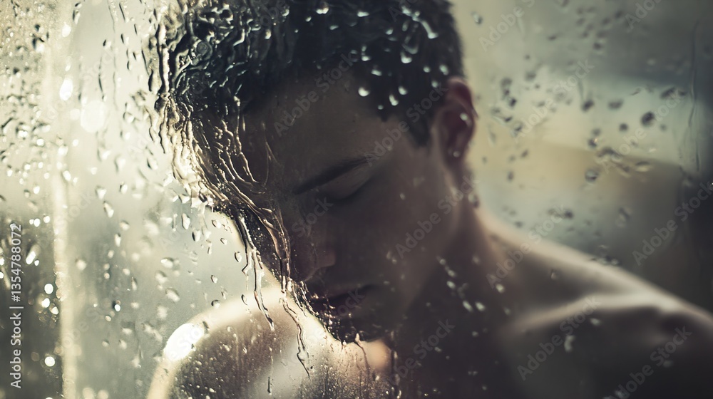 Contemplative Man in the Shower: A Moody Portrait Contemplative Man in the Shower: A Moody Portrait