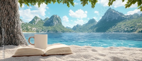 Peaceful Beach Escape: Book, Coffee, and Tranquil Bay View