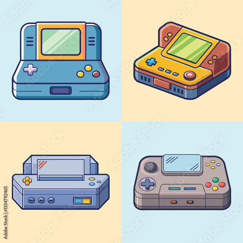 Retro Gaming Console Collection Pixel Art Illustration Featuring Four Different Handheld and Home Consoles