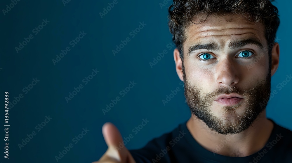 Obraz premium Young Caucasian male with blue eyes and beard looking intensely at camera against dark blue background, dramatic studio lighting creates mysterious mood.