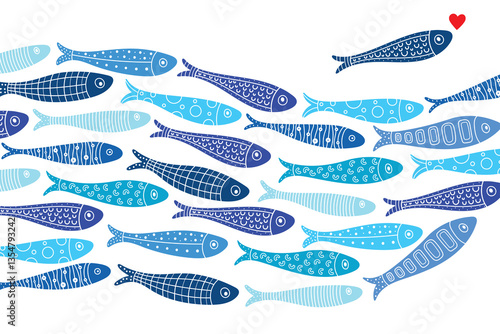 A wave of ornamental sardine. Cute vector sea 
interior poster. Blue school fish on white background. simple concept vector illustration.