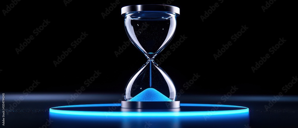 Fototapeta premium A futuristic hourglass filled with blue sand, symbolizing the passage of time against a dark background.
