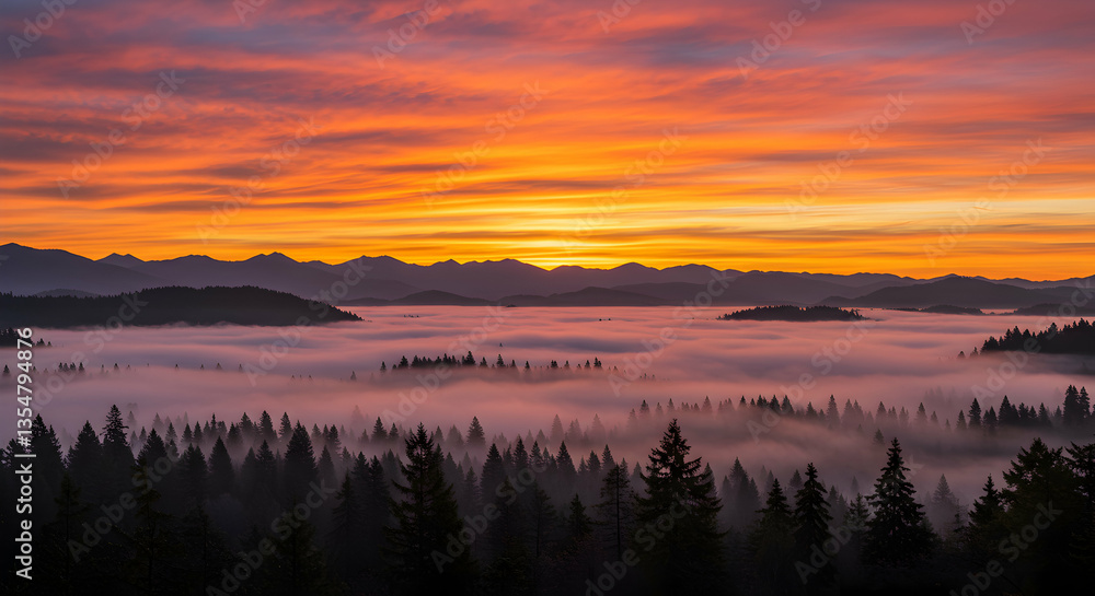 Fototapeta premium Aerial View of Forest with Morning Mist and Colorful Sunrise Sky