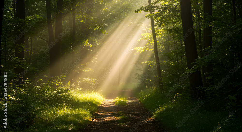 Fototapeta premium Sunlight Shining Through Trees Along Forest Path During Daytime