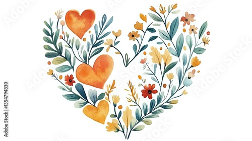 Fototapeta Naklejka Na Ścianę i Meble -  Watercolor floral heart arrangement with orange hearts and delicate flowers in teal and yellow, romantic botanical composition on white background.