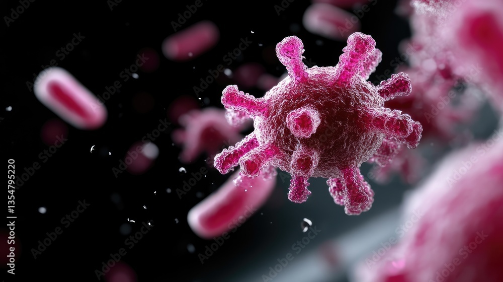 Microscopic viruses and bacteria in motion. Detailed close-up view of a virus with multiple spikes, along with other microorganisms Microscopic viruses and bacteria in motion. Detailed close-up view of a virus with multiple spikes, along with other microorganisms