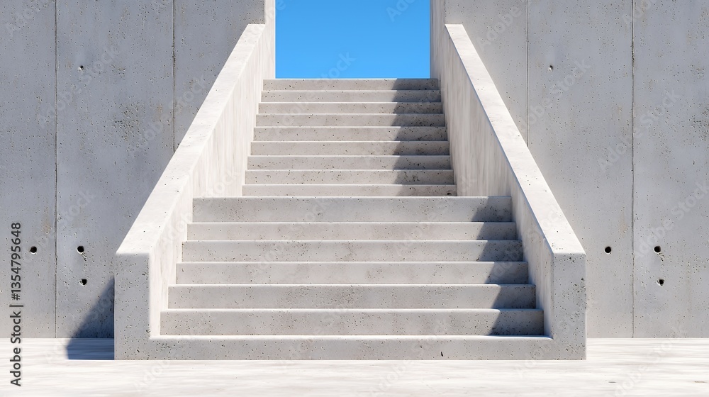 Concrete Stairway and Walls in a Modern Architectural Design with Bright Blue Sky Concrete Stairway and Walls in a Modern Architectural Design with Bright Blue Sky