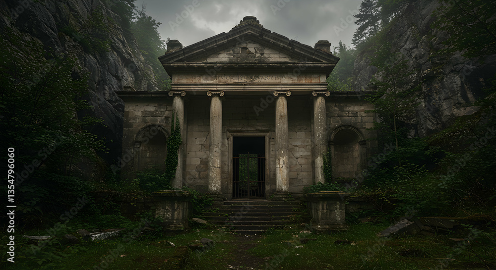 Exploring Ancient Stone Structure with Columns in Lush Green Landscape Exploring Ancient Stone Structure with Columns in Lush Green Landscape