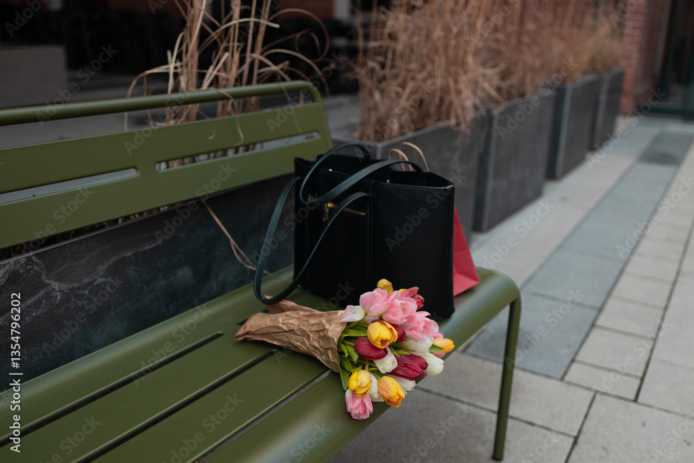 Women's stylish leather bag and bouquet of colorful tulips lie on wooden bench near office. High quality photo