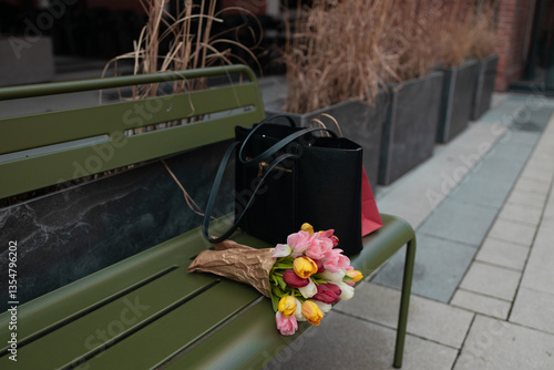 Obraz na płótnie Women's stylish leather bag and bouquet of colorful tulips lie on wooden bench near office. High quality photo w salonie