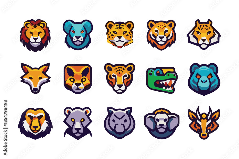Obraz premium Stylized Animal Head Icon Set Lion, Bear, Cheetah, Fox, Crocodile, Elephant, and More
