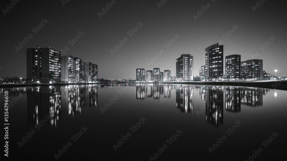 Fototapeta premium Night cityscape reflected on water, urban skyline