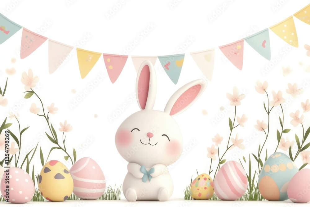 Obraz premium A delightful cartoon-style image featuring a happy bunny surrounded by pastel Easter eggs and flowers, encapsulating the playful spirit and joy of the Easter celebration.