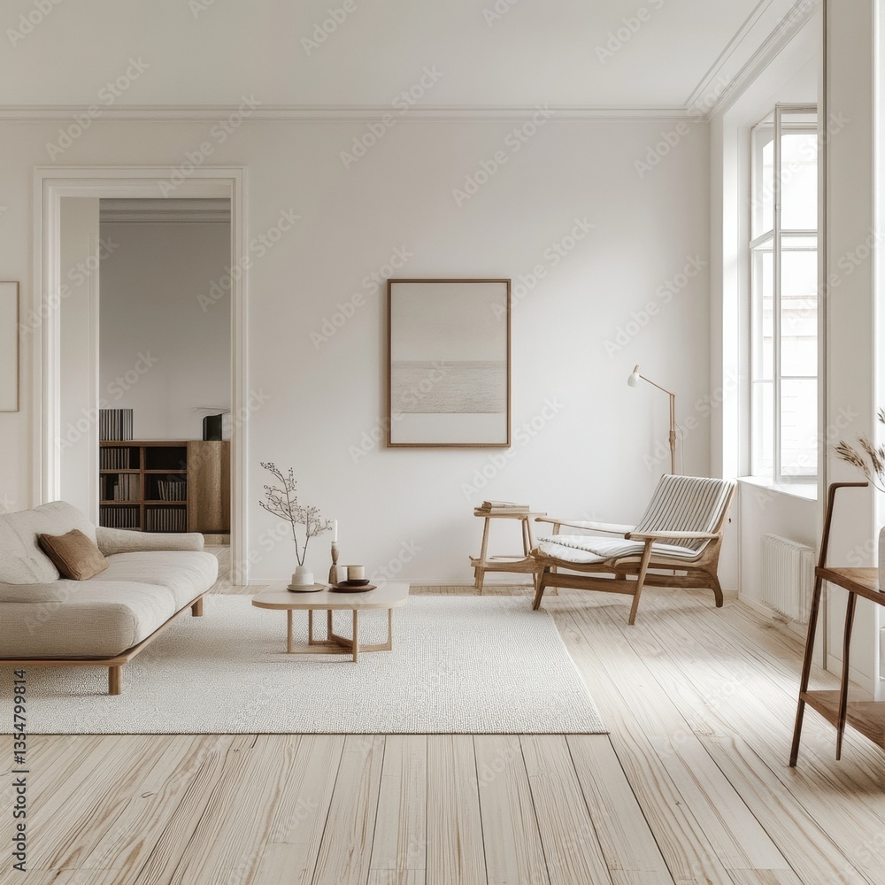 Fototapeta premium Clean minimalist Scandinavian living room design featuring cozy furniture and light wooden floors Generative AI