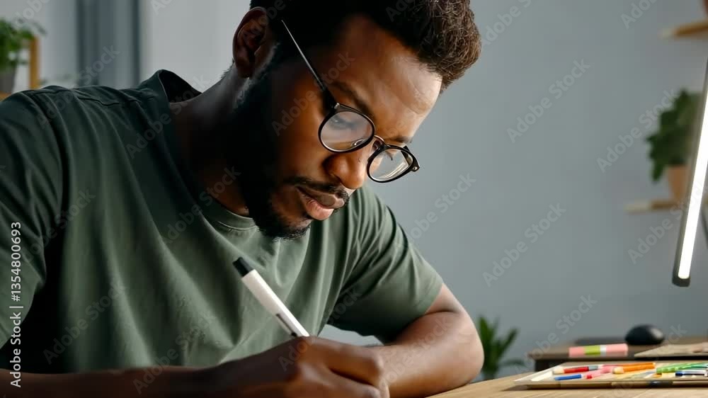 Focused artist sketching with precision in sunlit studio environment Focused artist sketching with precision in sunlit studio environment