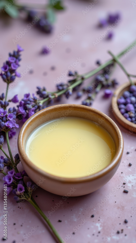 A small bowl filled with yellow liquid on a pink surface, surrounded by lavender buds and leaves. A small bowl filled with yellow liquid on a pink surface, surrounded by lavender buds and leaves.
