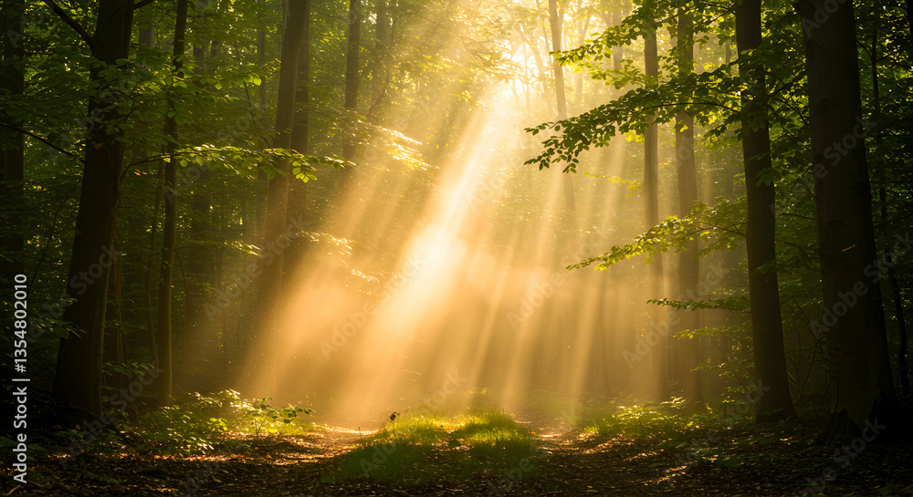 Obraz premium Sunlight Streaming Through Forest Trees Creating Magical Golden Light