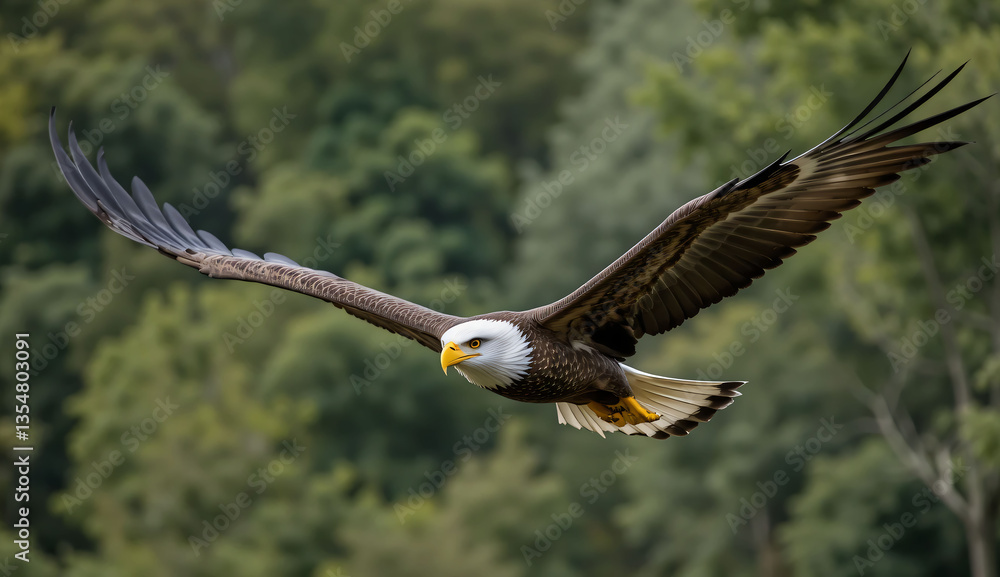 Obraz premium Bald Eagle in Flight with Forest Background.