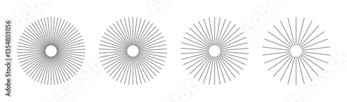Sunburst element. Starburst radial stripes set. Ray, beam. Radial circle lines. Circular burst. Symbol of Sun star rays. Flat design icons. Spokes with radiating stripes. Abstract geometric shapes.