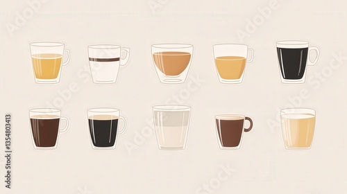 A Creative Collection of Various Coffee Cup Designs Featuring Different Types of Coffee from Light to Dark Shades on a Neutral Background