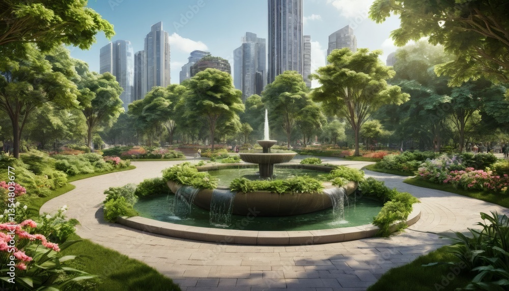 Fountain in a Lush Park with Modern City Buildings and Green Trees Fountain in a Lush Park with Modern City Buildings and Green Trees