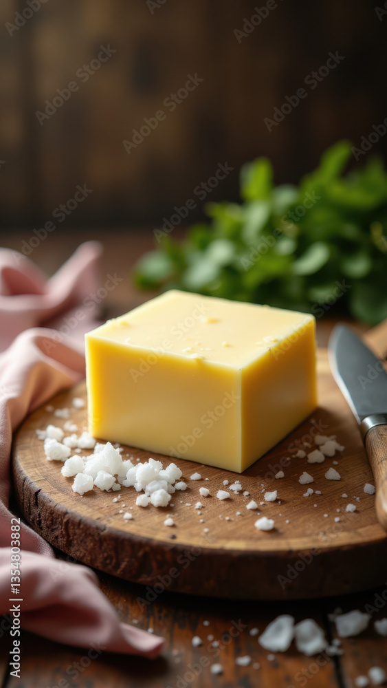 A rectangular block of yellow butter topped with a sprinkle of herbs on a wooden surface. A rectangular block of yellow butter topped with a sprinkle of herbs on a wooden surface.