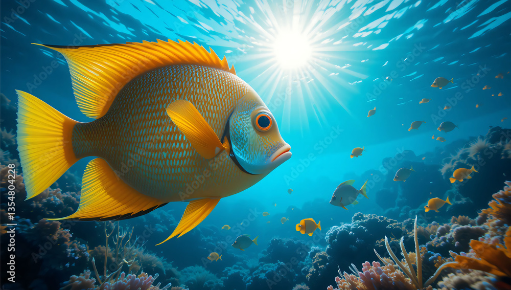 Fototapeta premium Golden fish with coral reef, and ocean sun.