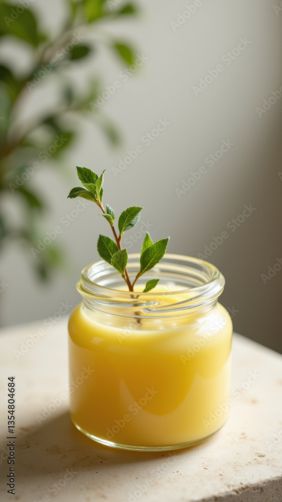 Beef tallow inside a glass jar with leaves on top for decoration. Beef tallow inside a glass jar with leaves on top for decoration.