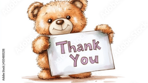 Adorable Cartoon Bear Holding a Thank You Sign in Soft Colors, Perfect for Appreciation Cards, Gifts, and Children’s Decor Illustrations