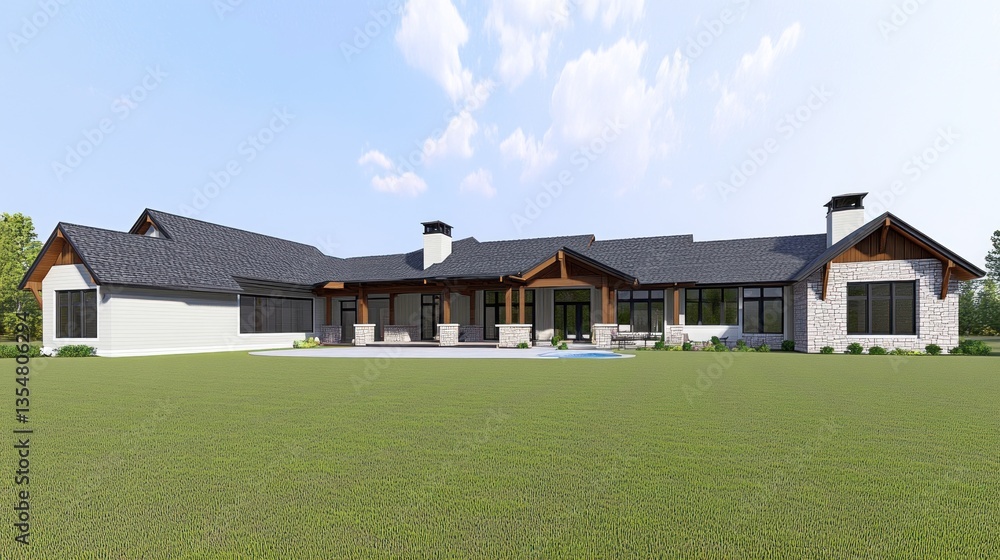 Beautiful modern home with expansive lawn under a blue sky Beautiful modern home with expansive lawn under a blue sky