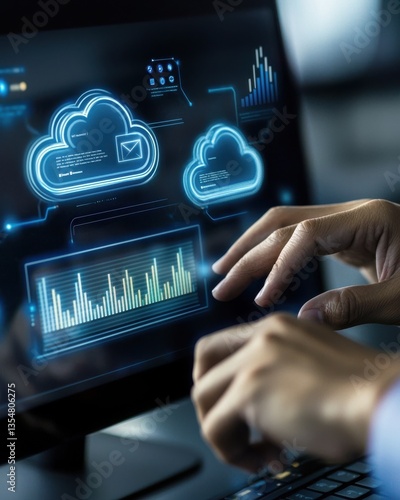 Hands interacting with a virtual cloud computing interface, showcasing digital technology and modern communication.