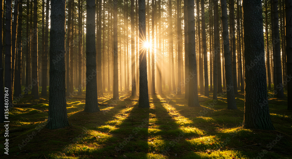 Naklejka premium Sunlight Streaming Through Tall Trees in a Peaceful Forest Setting