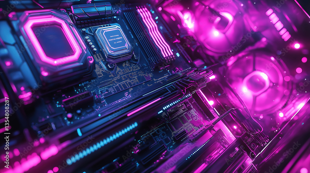 Obraz premium A high-performance computer build with glowing components representing advanced technology and digital power