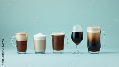 Assortment of Delicious Coffee Beverages on Soft Blue Background, Featuring Espresso, Latte, Cappuccino, Americano, and Cold Brew, Perfect for Coffee Lovers
