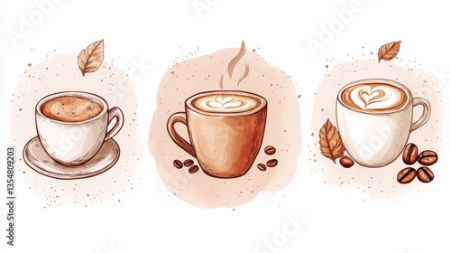 Beautiful Hand-Drawn Coffee Cups with Artistic Designs and Natural Elements in Warm Tones Perfect for Cozy Atmosphere and Coffee Culture Enthusiasts